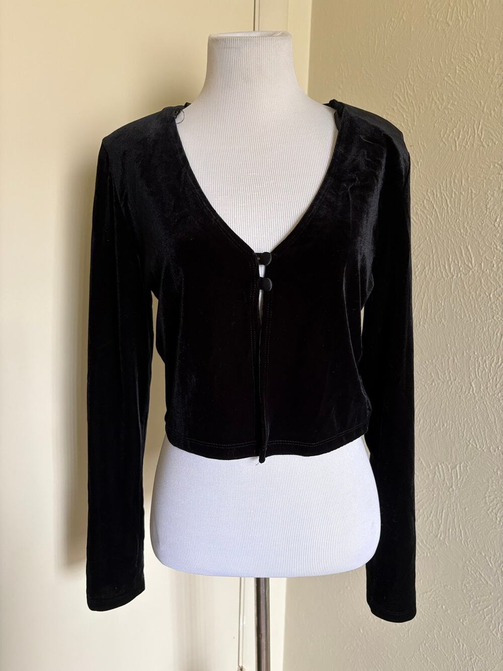 Vintage Y2K 90s Black Velour Cropped Cardigan Bolero Coquette Balletcore